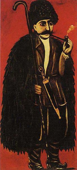 Niko Pirosmanashvili Shepherd in a Sheepskin Cloak on a Red Background